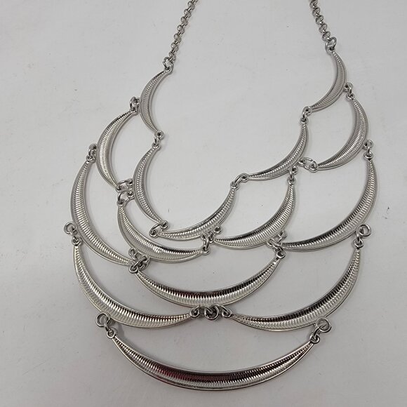 Silver Tone Multi Layer Crescent Bib Statement Necklace - Picture 6 of 6